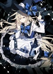 1girl absurdres animal_ears apron back_bow black_capelet black_dress black_hat blonde_hair blue_bow blue_bowtie blue_eyes bow bowtie capelet chinese_commentary closed_mouth commentary_request commission dress fake_animal_ears feet_out_of_frame floating_hair frilled_apron frills hair_between_eyes hand_on_headwear hat hat_bow hat_ribbon highres light_smile long_hair long_sleeves looking_at_viewer maboroshi_(freeze000) original ribbon solo standing thank_you waist_apron white_apron white_ribbon witch_hat