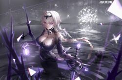 Rule 34 | 1girl, absurdres, artist name, bianca (pgr), blonde hair, braid, breasts, cleavage, copyright name, highres, large breasts, long hair, looking at viewer, mechanical arms, night, night sky, planted, planted sword, planted weapon, punishing: gray raven, purple eyes, single braid, sky, smll233, solo, sword, very long hair, wading, water, weapon