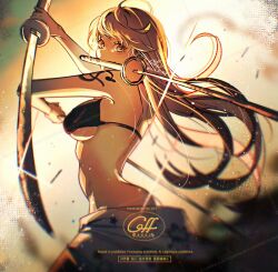 1girl bare_arms bare_shoulders bikini bikini_top_only black_bikini breasts eyelashes fighting_stance floating_hair from_side glint holding holding_sword holding_weapon katana large_breasts long_hair looking_at_viewer looking_to_the_side mouth_hold multiple_swords nami_(one_piece) official_alternate_costume one_piece orange_hair sarong shoulder_tattoo signature solo stomach swimsuit sword tattoo twitter_username underboob wavy_hair weapon yum_xoxo_yum