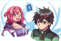 Rule 34 | 1boy, 1girl, black hair, camisole, collarbone, digimon, digimon card game, digimon liberator, green shirt, highres, jacket, kazama shoto, medium hair, multicolored hair, n n4cho, one eye closed, pink hair, purple camisole, purple eyes, red eyes, red hair, shirt, short hair, simple background, streaked hair, trading card, two-tone hair, upper body, white background, white jacket, yuuki (digimon)