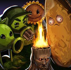 backlighting black_eyes black_sclera cheek_tattoo closed_mouth colored_sclera commentary english_commentary fire flower frown gatling_pea_(plants_vs._zombies) green_helmet half-closed_eyes helmet highres leaf looking_at_another looking_at_viewer night no_humans nut_(food) on_grass outdoors painterly peashooter_(plants_vs._zombies) plant plant_focus plants_vs._zombies purple_sky real_sixer121 red_eyes sky smile solid_oval_eyes sunflower sunflower_(plants_vs._zombies) tall-nut_(plants_vs._zombies) tattoo torchwood_(plants_vs._zombies) tree_stump v-shaped_eyebrows wall-eyed