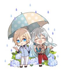 2boys ^_^ aqua_umbrella arm_behind_back belt black_belt black_footwear blonde_hair blue_eyes blue_flower blue_hair braided_sidelock buttons chibi chibi_only closed_eyes double-parted_bangs dress_shirt ensemble_stars! facing_viewer floral_background floral_print floral_print_shirt flower full_body hair_between_eyes hand_up happy hibiki_wataru holding holding_umbrella huyucotton hydrangea leaning long_hair looking_at_viewer male_focus multiple_boys open_hand open_mouth outstretched_arm pants rain red_pants rose_print shirt shoes short_hair short_sleeves side-by-side simple_background single_sidelock sleeves_past_wrists standing standing_on_one_leg tenshouin_eichi two-tone_umbrella umbrella very_long_hair water_drop white_background white_pants yellow_umbrella