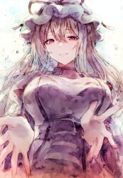 1girl blonde_hair breasts dress hair_between_eyes hair_ribbon hat highres kamu_kotan large_breasts long_hair long_sleeves looking_at_viewer mob_cap painting_(medium) purple_eyes purple_tabard reaching reaching_towards_viewer ribbon smile solo tabard touhou traditional_media upper_body watercolor_(medium) white_dress yakumo_yukari