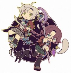 1other 2girls ahoge blue_bow blue_bowtie blue_eyes bow bowtie braid cat celine_(sen_no_kiseki) curtained_hair dual_wielding eiyuu_densetsu emma_millstein fie_claussell glasses green_eyes gunblade hair_between_eyes holding holding_staff holding_weapon jacket long_hair looking_at_viewer lrumamaki mage_staff multiple_girls open_mouth parted_bangs school_uniform sen_no_kiseki_(series) sen_no_kiseki_i shoes short_hair sidelocks simple_background single_braid skirt sneakers staff tail tail_bow tail_ornament thighhighs thors_military_academy_class_vii_uniform weapon