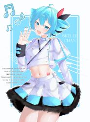 1girl aqua_eyes aqua_hair bow cosplay drill_hair hair_bow hatsune_miku highres kasane_teto kasane_teto_(cosplay) navel open_mouth simple_background skellychan skirt solo twin_drills vocaloid