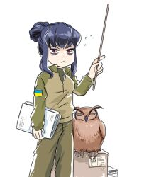 1girl 1other anonymous_(japanese) bags_under_eyes bird breasts claws closed_eyes eva_(kavunyak) folder green_pants hair_bun holding holding_cue_stick holding_folder japanon long_sidelocks long_sleeves looking_to_the_side medium_breasts narrowed_eyes original owl pants partially_unzipped purple_hair russo-ukrainian_war sidelocks sleepy standing turtleneck ukrainian_flag white_background