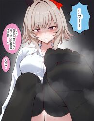 1girl animal_ears asaraku black_background black_thighhighs blush bow breasts brown_hair commentary_request curren_chan_(umamusume) ear_bow ear_covers feet highres horse_ears horse_girl looking_at_viewer medium_breasts pink_eyes red_bow shirt short_hair soles solo speech_bubble thighhighs translation_request umamusume white_shirt