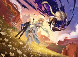 1girl 2boys absurdres aether_(genshin_impact) arm_behind_back bare_shoulders black_boots black_cape black_gloves black_mask black_pants blonde_hair blue_cape blue_eyes boots braid braided_ponytail breasts brother_and_sister brown_gloves cape cliff commentary dainsleif_(genshin_impact) derivative_work dress english_commentary falling_petals feather_hair_ornament feathers field floating_clothes floating_hair flower flower_field full_body genshin_impact gloves hair_ornament half_mask haluanruby hand_up highres long_hair lumine_(genshin_impact) mask medium_breasts multiple_boys orange_eyes outdoors pants partially_fingerless_gloves petals scarf short_hair short_hair_with_long_locks siblings single_braid sunrise thigh_boots thighhighs two-sided_cape two-sided_fabric white_boots white_dress white_scarf wind zettai_ryouiki
