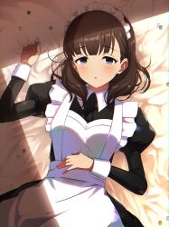 1girl absurdres apron blue_eyes breasts brown_hair commentary evening highres idolmaster idolmaster_cinderella_girls light_blush long_sleeves looking_at_viewer lying maid maid_apron maid_headdress medium_breasts medium_hair nanananananasea on_back parted_lips sakuma_mayu solo sunlight