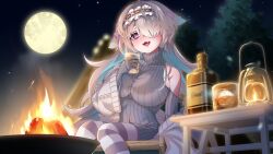 artist_request black_hairband blue_hair blurry blurry_background bottle breasts clothing_cutout colored_inner_hair covered_collarbone cup dress drinking_glass fang fire frilled_hairband frills full_moon gloves grey_dress grey_hair hair_over_one_eye hair_ribbon hairband highres holding holding_cup indie_virtual_youtuber lantern large_breasts long_hair menace_mamaki moon multicolored_hair night night_sky open_mouth outdoors purple_eyes purple_ribbon ribbed_sweater ribbon second-party_source shoulder_cutout sitting sky striped_clothes striped_thighhighs sweater sweater_dress taut_clothes taut_dress thighhighs tree virtual_youtuber