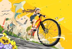 2boys 5girls absurdres bicycle bicycle_basket bird day flower flying_whale highres magotsuki_(hurray) multiple_boys multiple_girls original outdoors penguin riding riding_bicycle sea_turtle sky tokyo_tower turtle vehicle_focus whale yellow_sky