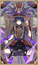 Rule 34 | 1boy, absurdres, arm at side, armor, black bodysuit, black hair, black hat, black leggings, black sandals, black shorts, black sleeves, blunt ends, bodysuit, cable, ce5 ez, covered collarbone, curled fingers, eyeliner, eyeshadow, frilled sleeves, frills, furisode, genshin impact, gnosis (genshin impact), gold, gold trim, grey veil, hand up, hat, highres, holding, japanese armor, japanese clothes, jewelry, jingasa, juban, kimono, kote, kurokote, layered shorts, layered sleeves, leggings, looking at viewer, lotus position, makeup, male focus, mecha, mitsudomoe (shape), neck ring, o-ring, open clothes, open kimono, purple eyes, purple rope, purple sash, purple shorts, purple sleeves, red eyeliner, red eyeshadow, red hat, red kimono, robot, rope, sandals, sash, scaramouche (genshin impact), scaramouche (shouki no kami) (genshin impact), short sleeves, shorts, single sode, sitting, sketch, smile, straight-on, tomoe (symbol), tsurime, veil, white kimono, white mouth, white rope, wispy bangs, zouri