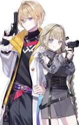 1boy 1girl :p absurdres black_gloves black_hair black_nails black_pants black_ribbon black_shirt blue_eyes braid brown_hair closed_mouth coat commentary_request cowboy_shot dress finger_on_trigger fingerless_gloves fishnet_pantyhose fishnets floral_print fura_kanato fura_kanato_(1st_costume) gloves grey_dress gun hair_between_eyes hair_ornament hair_ribbon hanabusa_lisa hanabusa_lisa_(4th_costume) hand_on_own_hip hand_up handgun height_difference highres holding holding_gun holding_weapon jewelry long_braid long_coat long_hair long_sleeves looking_at_viewer misumi_(macaroni) multicolored_hair nail_polish necklace nijisanji official_alternate_costume orange_hair pants pantyhose puffy_long_sleeves puffy_sleeves ribbon shirt short_hair shrug_(clothing) simple_background single_braid smile streaked_hair tongue tongue_out turtleneck turtleneck_shirt very_long_hair virtual_youtuber vspo! weapon white_background white_coat