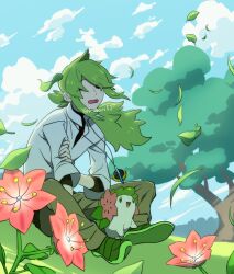 1boy absurdres cloud collared_shirt day falling_leaves floating_hair flower gen_4_pokemon grass green_footwear green_hair highres leaf legendary_pokemon long_hair male_focus mythical_pokemon n_(pokemon) nagiru nintendo one_eye_closed open_mouth outdoors pants pink_flower pokemon pokemon_(creature) pokemon_bw shaymin shaymin_(land) shirt shoes sitting sky tree twitter_username undershirt watermark white_shirt