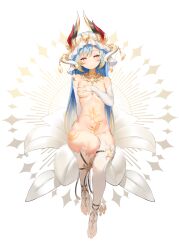 Rule 34 | 1girl, absurdres, artist request, asymmetrical legwear, blonde hair, blue hair, breasts, bridal legwear, closed mouth, commission, covering breasts, covering privates, detached sleeves, flower, full body, highres, horns, large breasts, long hair, long sleeves, looking at viewer, medium breasts, multicolored hair, multicolored horns, navel, nipples, nude, on flower, original, red eyes, second-party source, single thighhigh, sitting, solo, stomach, stomach tattoo, tattoo, thighhighs, uneven legwear, white background, white thighhighs