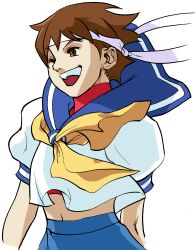 Rule 34 | 1girl, :d, bengus, blue sailor collar, brown eyes, brown hair, capcom, game cg, headband, highres, kasugano sakura, midriff, navel, non-web source, official art, one eye closed, open mouth, portrait, red undershirt, sailor collar, school uniform, serafuku, short hair, simple background, smile, solo, street fighter, street fighter zero (series), teeth, undershirt, upper body, upper teeth only, v-shaped eyebrows, white background, white headband