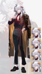 Rule 34 | 1boy, absurdres, ahoge, belt, black pants, black shoes, chinese clothes, cleavage cutout, closed mouth, clothing cutout, coat, coat on shoulders, dragon print, full body, hair between eyes, hair over one eye, hair ribbon, hand on own hip, highres, honkai: star rail, honkai (series), jing yuan, long hair, multiple views, nakddidi, pants, red belt, red ribbon, red shirt, ribbon, shirt, shoes, smile, white hair, yellow eyes