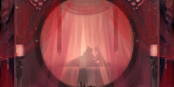 2boys behind_curtains curtains hand_on_another&#039;s_chin high_ponytail lan_wangji lantern long_hair modao_zushi moon_gate multiple_boys on_bed ponytail silhouette topknot wei_wuxian xianduguaitan yaoi