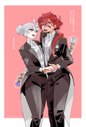Rule 34 | 2girls, black jacket, black pants, black suit, blue flower, blue rose, border, bow, closed eyes, collared shirt, commentary request, flower, formal clothes, grey eyes, gundam, gundam suisei no majo, hair bun, hair up, highres, holding hands, jacket, kusattatofu, long hair, miorine rembran, multiple girls, open mouth, outside border, pants, pink background, ponytail, red hair, rose, shirt, smile, suit, suletta mercury, thick eyebrows, translation request, tuxedo, white border, white bow, white flower, white hair, white rose, white shirt, yuri