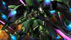 absurdres battle beam_cannon chest_cannon company_name copyright_notice explosion funnels_(gundam) gundam gundam_battle_operation_2 gundam_unicorn highres kshatriya_repaired machinery mecha mecha_focus neo_zeon no_humans one-eyed realistic robot science_fiction solo space sunrise_(company) thrusters