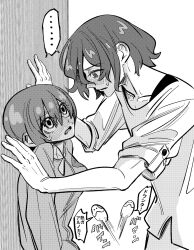 Rule 34 | ..., 1boy, 1girl, against wall, amate yuzuriha, blush, breasts, commentary request, eye contact, face-to-face, gundam, gundam gquuuuuux, hand on wall, haro, highres, jacket, kabedon, kimidori (haruzionmitaka), looking at another, open mouth, shirt, short hair, shuji ito, speech bubble, spoken ellipsis, sweatdrop, tank top, translation request, upper body