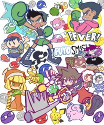 Rule 34 | 3boys, 4others, 6+boys, absurdres, baseball cap, blonde hair, boots, boxing gloves, chinese clothes, dancho no mori, dark-skinned male, dark skin, feli (puyopuyo), gen 1 pokemon, gen 2 pokemon, green eyes, hat, highres, holding, holding weapon, jigglypuff, keyblade, kingdom key, kirby, lace-up boots, little mac, microphone, min min (arms), mr. game &amp; watch, multiple boys, multiple others, nana (ice climber), ness (mother 2), nintendo, open mouth, parody, pichu, piranha plant, popo (ice climber), punching, puyo (puyopuyo), puyopuyo, puyopuyo fever, quiff, sora (kingdom hearts), style parody, super smash bros., tank top, watering can, weapon, yoshi