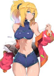1girl 604yue bare_shoulders blonde_hair blue_eyes blue_shorts blue_sports_bra breasts commentary english_commentary hair_ornament highres jacket large_breasts long_hair looking_at_viewer metroid midriff navel nintendo open_clothes open_jacket ponytail samus_aran shorts simple_background solo sports_bra sportswear stomach sweat