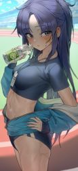 1girl blue_archive blue_buruma blush buruma field gym_uniform hand_on_own_hip highres id_card jacket lanyard looking_at_viewer navel outdoors partially_unzipped ponytail purple_eyes purple_hair running_track solo sports_drink sportswear stadium star_(symbol) sticker_on_face sweat thighs toned track_jacket yerim yuuka_(blue_archive) yuuka_(track)_(blue_archive)