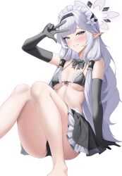 1girl absurdres arm_up ass barefoot bikini black_gloves black_skirt blue_archive bow bowtie breasts detached_collar ein_tiger elbow_gloves frilled_bikini frilled_skirt frills front-tie_bikini_top front-tie_top gloves grin highres himari_(blue_archive) knees_up long_hair looking_at_viewer maid maid_bikini maid_headdress miniskirt pleated_skirt pointy_ears purple_eyes simple_background sitting skirt small_breasts smile solo string_bikini swimsuit thighs unconventional_maid very_long_hair white_background white_hair