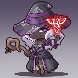 Rule 34 | 1girl, absurdres, black dress, black hat, blue eyes, breasts, chibi, cleavage, closed mouth, commentary request, dark-skinned female, dark skin, dress, elden ring, elden ring nightreign, full body, glowing, grey background, hat, highres, holding, holding staff, large breasts, long hair, long sleeves, recluse (elden ring), saishosaisekojo, shadow, simple background, smile, solo, staff, very long hair, white hair, wide sleeves, witch hat