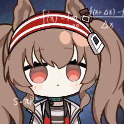 1girl angelina_(arknights) animal_ears animated animated_gif arknights black_choker blush brown_hair chinese_commentary choker closed_mouth coat commentary_request confused dot_mouth dot_nose earpiece fox_ears hair_between_eyes hairband infection_monitor_(arknights) jacket long_hair lowres material_growth math_lady_(meme) meme no_pupils open_clothes open_coat open_jacket oripathy_lesion_(arknights) raised_eyebrows red_eyes red_hairband red_jacket skland_1530589596514 solo star_(sky) starry_sky_background striped_clothes striped_hairband twintails two-tone_hairband upper_body white_coat