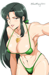 1girl armpits artist_name bikini breasts cima_garahau cleavage commentary_request david_huang green_bikini green_hair gundam gundam_0083 highleg highleg_bikini highres jewelry necklace smile solo string_bikini swimsuit twitter_username white_background