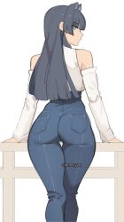 absurdres ass bare_shoulders blue_eyes blue_hair blunt_bangs denim high-waist_pants highres jeans long_hair looking_at_viewer looking_back ouro_kronii ouro_kronii_(casual) pants pomuya thigh_gap thighs
