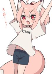 1girl :d absurdres ahoge animal_ear_fluff animal_ears arms_up black_shorts blush clothes_writing commentary_request fang fox_ears fox_girl fox_tail hair_between_eyes highres navel open_mouth original pink_hair ponytail red_eyes romaji_text saisoku_no_yukkuri shirt short_sleeves shorts simple_background smile solo tail translation_request typo v-shaped_eyebrows white_background white_shirt wide_sleeves