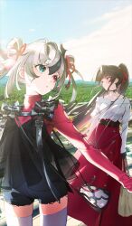 2girls :o arms_at_sides bag belt belt_buckle black_belt black_hair black_shirt black_shorts black_skin breasts buckle buttons choker clothing_cutout collarbone colored_extremities colored_skin commentary_request day fate/grand_order fate_(series) game_cg green_eyes hair_ribbon heterochromia holding holding_bag kashin_koji_(fate) katou_danzou_(fate) long_hair long_skirt long_sleeves looking_up multicolored_hair multiple_girls off-shoulder_shirt off_shoulder official_alternate_costume official_art orange_eyes outdoors outstretched_arm parted_lips photo_background ponytail red_eyes red_ribbon red_shirt red_skirt ribbon ribbon_choker shirt shorts sidelocks skirt sky standing thighhighs third-party_source two-tone_hair white_hair white_shirt white_thighhighs yangsion yoneyama_mai