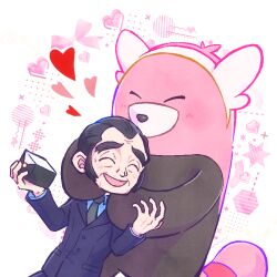 1boy aqua_shirt bewear black_hair black_jacket blush closed_eyes commentary_request formal_clothes gen_7_pokemon grey_necktie heart holding hug jacket long_sleeves male_focus mature_male necktie nintendo open_mouth pokemon pokemon_(creature) pokemon_sv shirt short_hair smile snacksworth_(pokemon) suit teo175ani thick_eyebrows wrinkled_skin