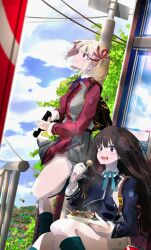 2girls absurdres backpack bag bare_legs black_bag black_hair blonde_hair blue_dress blue_ribbon blue_sky blurry blurry_background blurry_foreground bob_cut brown_bag buttons can cloud cola collared_dress day depth_of_field dress food grey_dress hair_ribbon heel_up highres holding holding_food inoue_takina long_hair long_sleeves lycoris_recoil lycoris_uniform multiple_girls neck_ribbon nishikigi_chisato open_mouth outdoors pleated_skirt power_lines purple_eyes railing red_dress red_ribbon ribbon sengoku_chidori shell_casing short_hair sidelocks sitting skirt sky standing standing_on_one_leg stick strap takoyaki thighs tree upper_body window