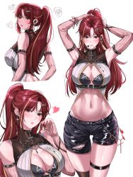 1girl akane_lize black_shorts blush breasts chest_harness cleavage closed_mouth crop_top cross cross_earrings ear_piercing earclip earphones earrings feet_out_of_frame grey_eyes hair_ornament hairclip hand_in_own_hair harness hashtag-only_commentary highres jewelry katrinabluuuuu lips long_hair long_sleeves looking_at_viewer looking_to_the_side medium_breasts mole mole_under_eye multicolored_hair multiple_persona navel open_mouth piercing ponytail red_hair shorts simple_background solo standing steam stellive stomach streaked_hair sweat virtual_youtuber white_background