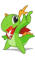 1boy 2018 absurdres antlers black_eyes chinese_commentary colored_skin commentary dragon dragon_boy dragon_horns english_commentary full_body furry furry_male green_skin head_tilt highres horns kde konqi krita_(medium) mascot open_mouth original pointing pointing_up red_scarf reference_sheet scarf simple_background smile standing three_quarter_view transparent_background tsurime tyson_tan