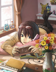 00s 1girl :d androgynous bad_id bad_pixiv_id blue_eyes brown_hair cellphone cradling_phone earbuds earphones feet female_focus flower gen_1_pokemon glasses handheld_game_console hatsune_miku jewelry keroro_gunsou kurojishi lying nendoroid nintendo on_stomach open_mouth original otaku_room pantyhose phone pikachu playing_games playstation_portable pokemon pokemon_(creature) ring sayonara_zetsubou_sensei school_uniform serafuku short_hair smile socks soles solo sonic_(series) sonic_the_hedgehog sunlight toes vase video_game vocaloid