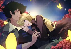 Rule 34 | 1boy, 1girl, arm around waist, black hair, black jacket, blonde hair, blue eyes, bug, butterfly, collared shirt, commission, couple, cowboy bebop, cuddling, flower, hair between eyes, hand on another&#039;s chest, hetero, highres, insect, jacket, julia (cowboy bebop), long hair, reclining, red flower, red lips, saiivia, shirt, short hair, smile, spike spiegel, white shirt, yellow butterfly