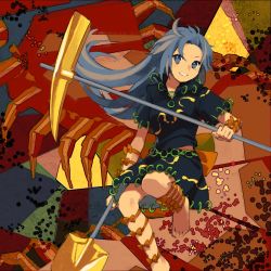 1girl barefoot bug camouflage camouflage_skirt centipede grey_hair himemushi_momoyo holding holding_pickaxe holding_shovel kaigen_1025 long_hair looking_at_viewer mullet pickaxe shovel skirt smile solo tools touhou