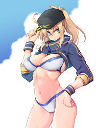 10mo 1girl ahoge areola_slip artoria_pendragon_(fate) baseball_cap bikini black_hat blue_hat blue_jacket blue_sky breasts cloud contrapposto cowboy_shot cropped_jacket fate/grand_order fate_(series) hair_through_headwear hat highres jacket large_breasts long_hair looking_at_viewer mysterious_heroine_x_(fate) mysterious_heroine_xx_(fate) ponytail shrug_(clothing) side-tie_bikini_bottom sky solo swimsuit white_bikini