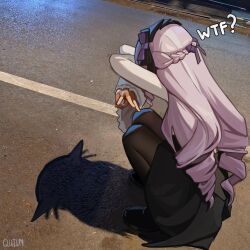 1girl ? absurdres artist_name black_pantyhose black_skirt bow cat_shadow_puppet dress drill_hair english_text hairband highres long_hair pantyhose photo-referenced photo_background purple_bow purple_hair purple_hairband quilm shadow shadow_puppet shrug_(clothing) silhouette skirt solo squatting vivian_banshee white_dress white_shrug zenless_zone_zero