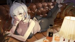 1girl absurdres ahoge ass bare_shoulders black_bra black_choker black_horns black_pants black_tail bottle bra breasts choker collarbone commentary couch cup curled_horns demon_tail drinking_glass grey_hair hair_between_eyes hand_on_own_face highres holding holding_cup horns indoors jimizuai- key lace lace_bra large_breasts long_hair looking_at_viewer lying multicolored_hair no_shirt no_shoes on_stomach pants parted_lips red_eyes scar socks solo streaked_hair symbol-only_commentary tail tight_clothes tight_pants underwear white_socks wuthering_waves zani_(wuthering_waves)