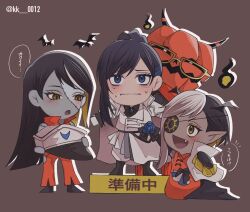 Rule 34 | 1other, 3girls, ado (utaite), black bow, black bowtie, black hair, blue brooch, blue eyes, blue hair, bow, bowtie, brown eyes, cape, carpenter (ado), chando (ado), chibi, chibi only, commentary, eyepatch, fang, glasses, jacket, keeko (kk 0012), lugosi (ado), mole, mole under eye, multicolored hair, multiple girls, nervous sweating, official alternate costume, open mouth, orange pants, pants, ponytail, pumpkin, romero (ado), show (ado), sleeveless, standing, streaked hair, sweat, symbol-only commentary, translation request, twitter username, two-tone hair, utaite, white cape, white hair, white jacket, white pants, zombie