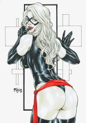 1girl against_wall artist_request ass ass_focus bare_shoulders black_gloves black_thighhighs breasts breasts_apart butt_crack carol_danvers cowboy_shot curvy domino_mask elbow_gloves female_focus gloves groin halterneck highleg highleg_leotard highres hip_bones hip_focus huge_ass impossible_clothes large_breasts leotard lightning_bolt_symbol lips long_hair looking_at_viewer marvel mask monochrome ms._marvel ms._marvel_(series) red_sash sash seductive_smile shiny_skin skindentation smile solo standing superhero_costume thigh_gap thighhighs thong_leotard traditional_media turtleneck white_background wide_hips