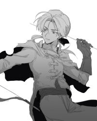 1boy arrow_(projectile) bow bow_(weapon) capelet commentary_request cowboy_shot dragon_quest dragon_quest_viii earrings floating_clothes floating_hair greyscale hair_bow highres holding holding_arrow holding_bow_(weapon) holding_weapon hoop_earrings jewelry kukuru_(dq8) looking_to_the_side low_ponytail male_focus monochrome pants parted_hair ponytail sato_sio_(si00x) sketch smile solo tailcoat weapon white_background