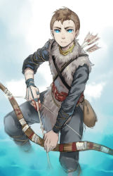 1boy animification arrow_(projectile) atreus bishounen blue_eyes bow_(weapon) bow_and_arrow_hold brown_hair closed_mouth cr72 facial_scar god_of_war holding holding_weapon looking_at_viewer male_focus scar scar_on_cheek scar_on_face short_hair solo weapon
