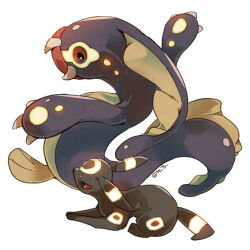 Rule 34 | animal focus, claws, eelektross, full body, gen 2 pokemon, gen 5 pokemon, glowing, nintendo, no humans, pokemon, pokemon (creature), red eyes, signature, simple background, tetori, umbreon, white background